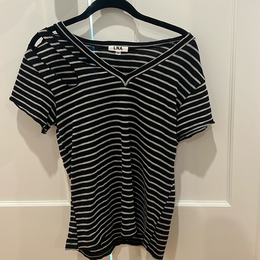 LNA Distressed Stripped V Neck TShirt